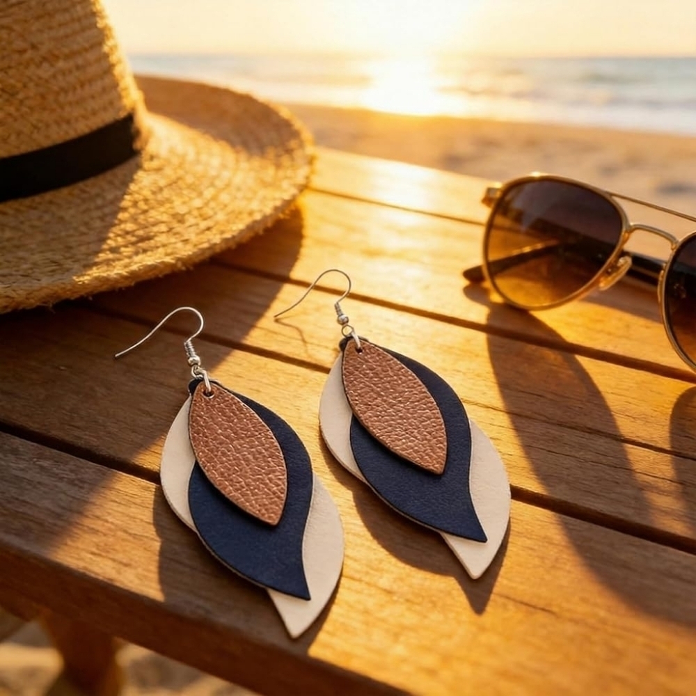 Layered Faux Leather Lightweight Boho Dangle Drop Leaf Earrings